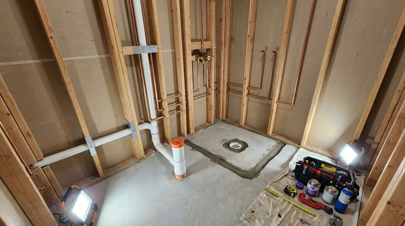 Bathroom rough-in plumbing during remodel by Johns Plumbing LLC in New Boston