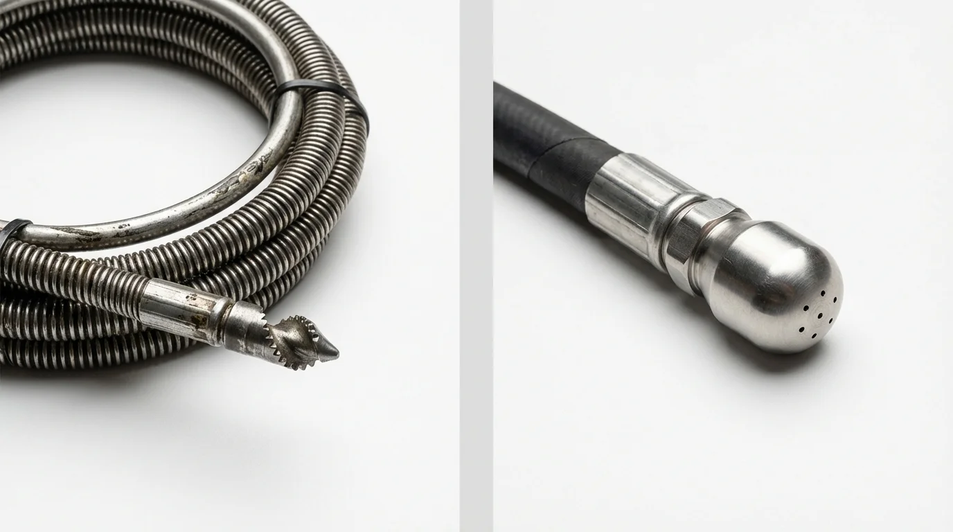 Drain snake cable and hydro jetting nozzle used for drain cleaning in New Boston, TX