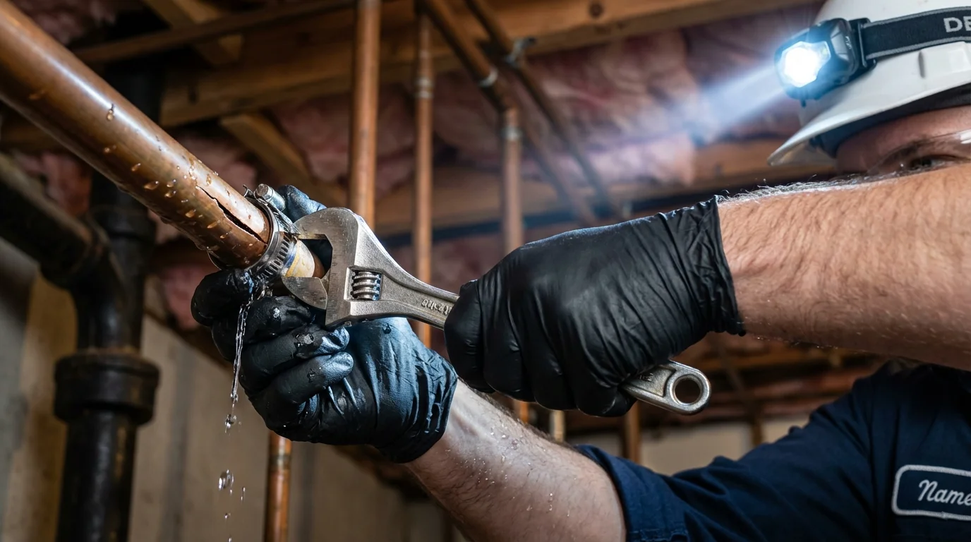 Emergency pipe clamp repair being performed by a Johns Plumbing LLC plumber in New Boston