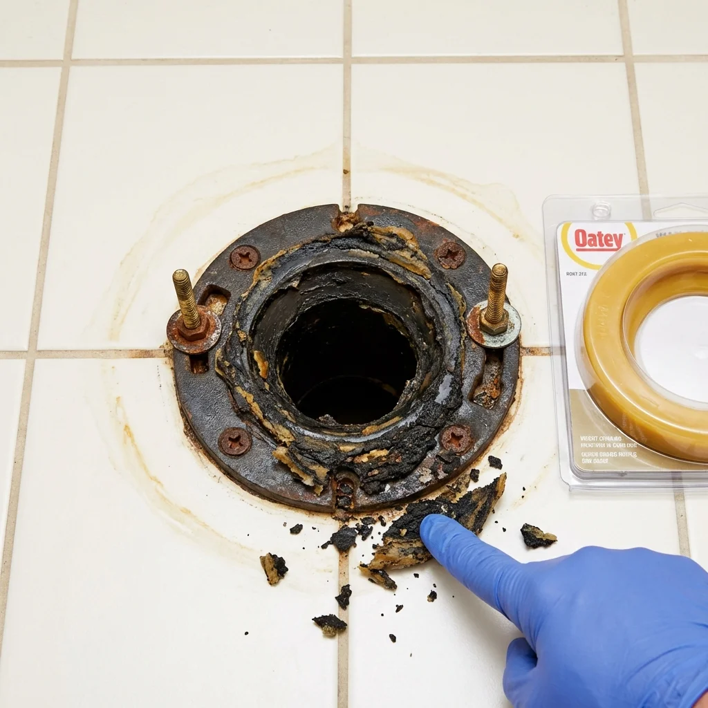 Failed wax ring showing water seepage at the base of a toilet in a New Boston, TX home