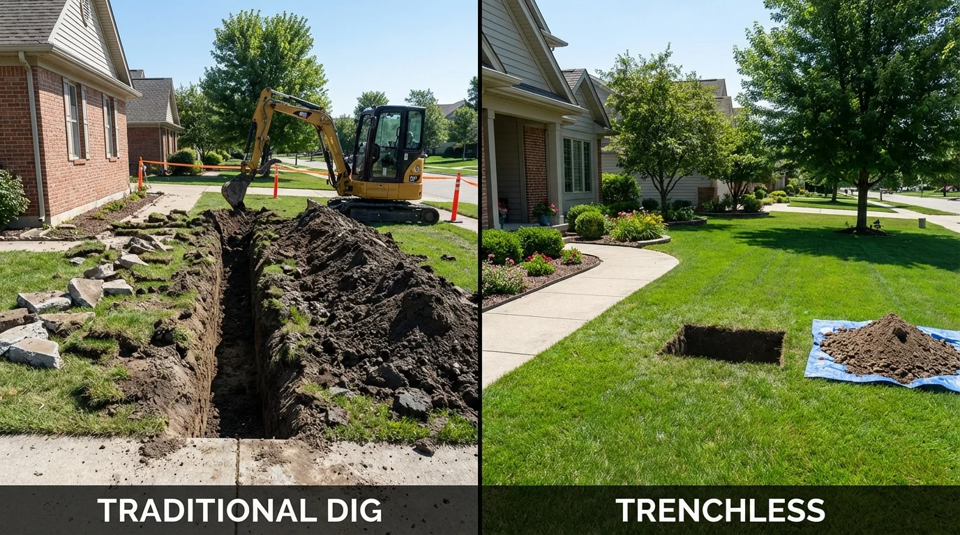 Trenchless sewer repair with minimal yard damage versus traditional excavation in New Boston, TX