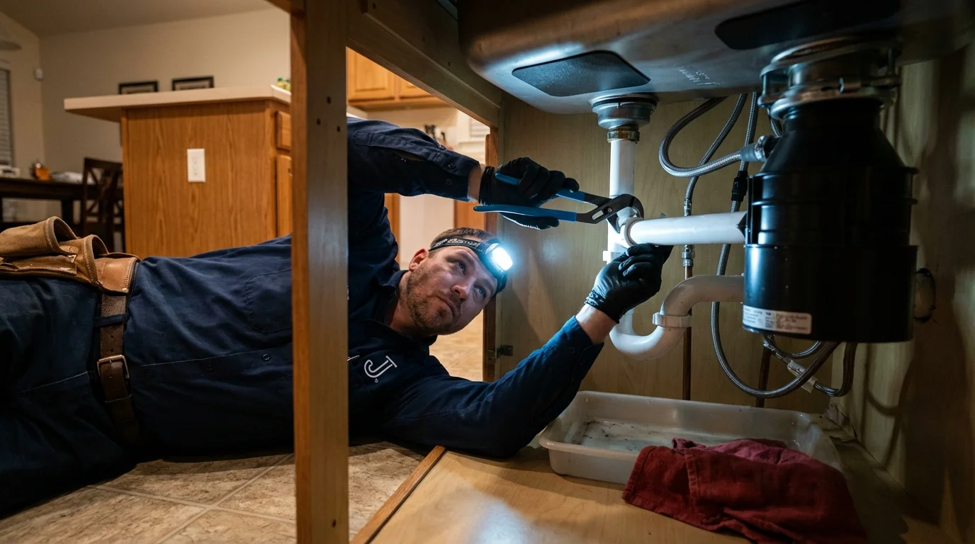 P-trap and supply line connections under a kitchen sink showing a common leak point in New Boston, TX